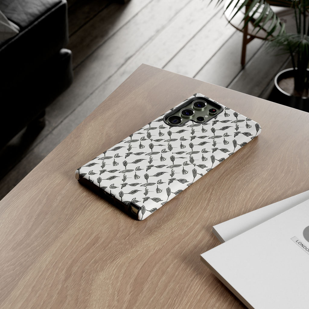 Hummingbird Kufiyah Pattern Tough Phone Case — Black & White Botanical Protective Cover