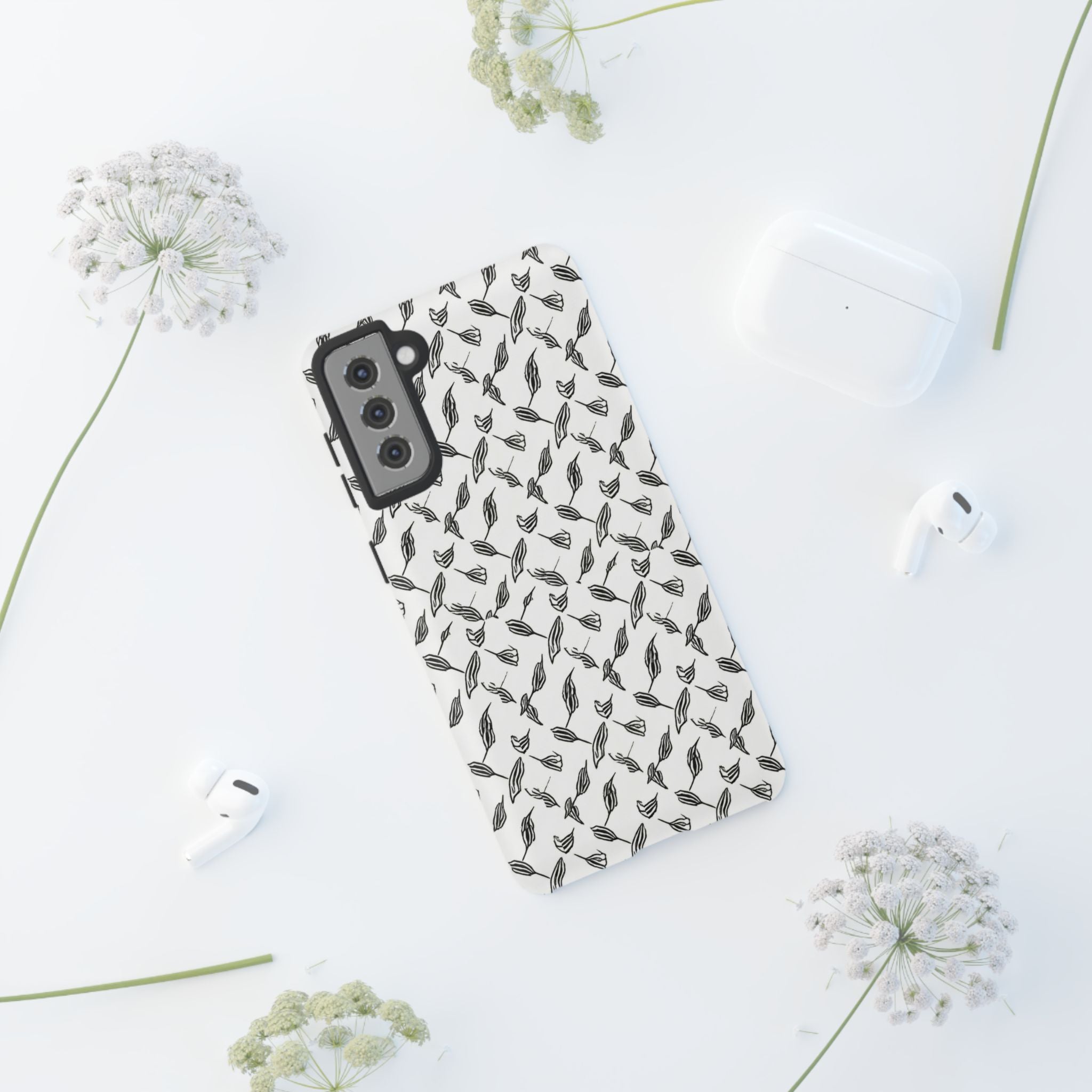 Hummingbird Kufiyah Pattern Tough Phone Case — Black & White Botanical Protective Cover