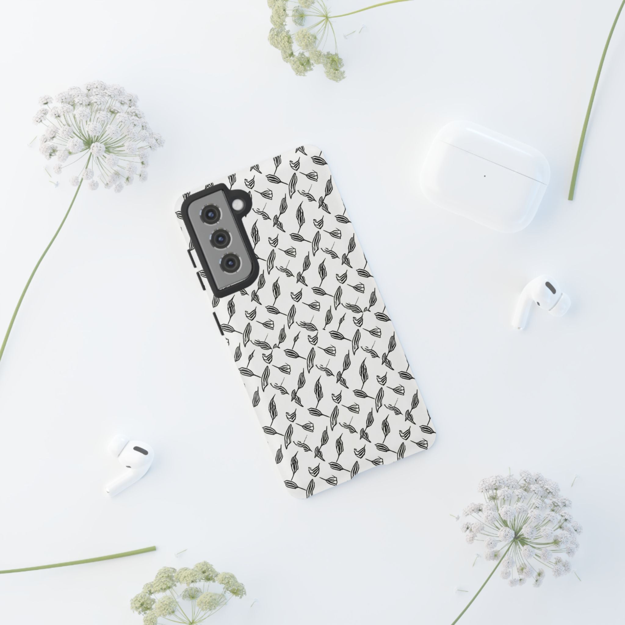 Hummingbird Kufiyah Pattern Tough Phone Case — Black & White Botanical Protective Cover