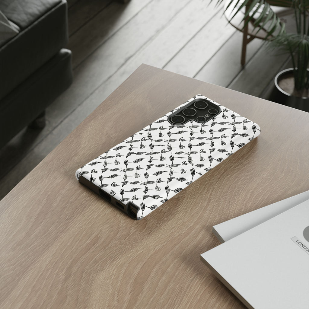 Hummingbird Kufiyah Pattern Tough Phone Case — Black & White Botanical Protective Cover