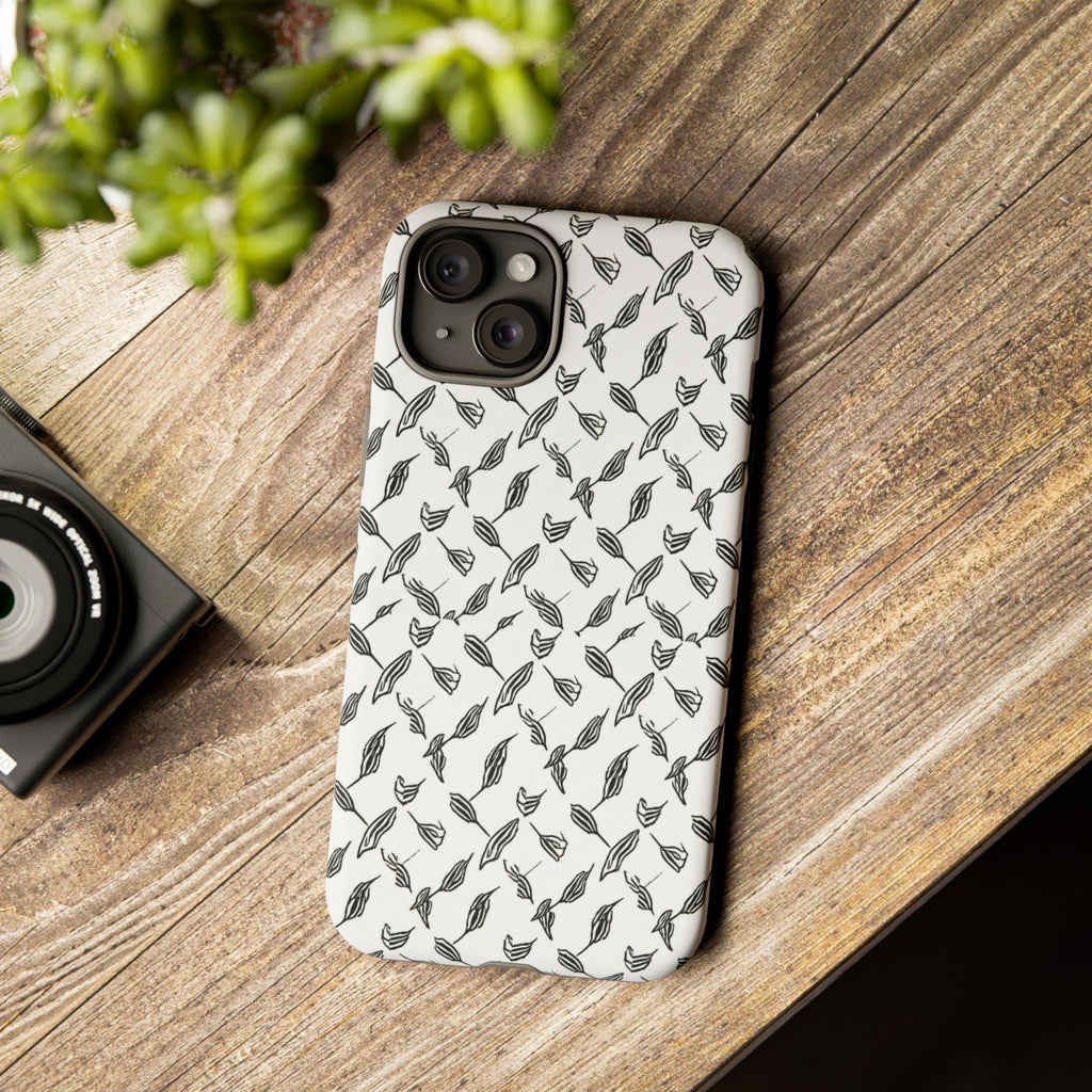 Hummingbird Kufiyah Pattern Tough Phone Case — Black & White Botanical Protective Cover