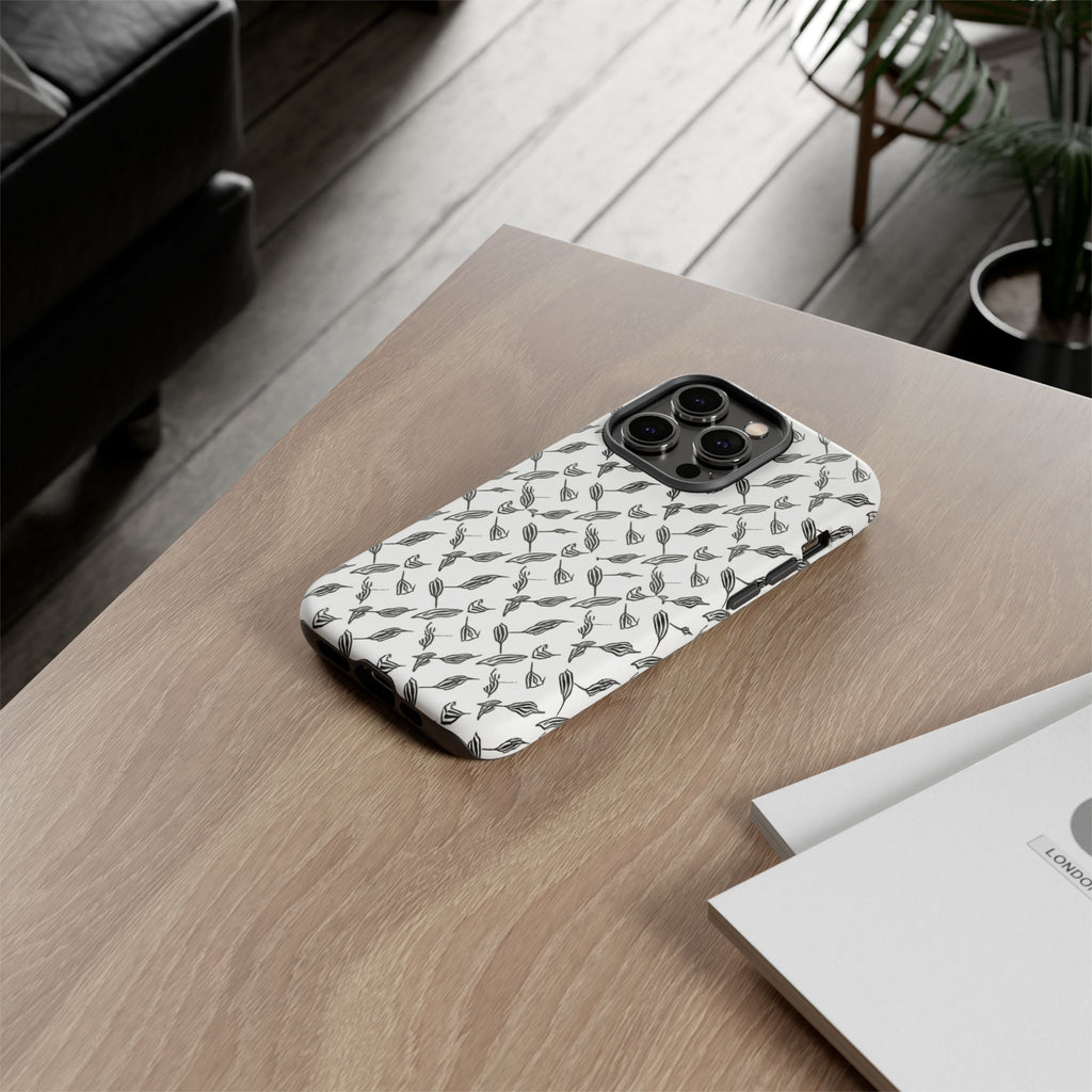 Hummingbird Kufiyah Pattern Tough Phone Case — Black & White Botanical Protective Cover