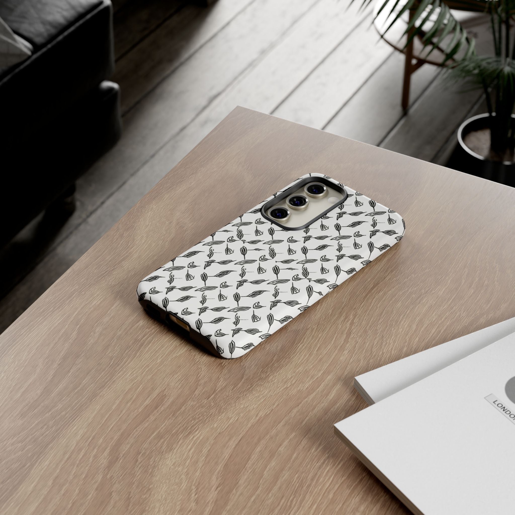 Hummingbird Kufiyah Pattern Tough Phone Case — Black & White Botanical Protective Cover