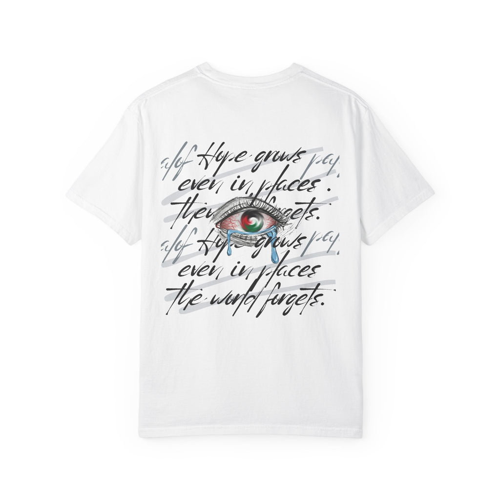 T-Shirt — Watercolor Eye Graphic with Script Back Print