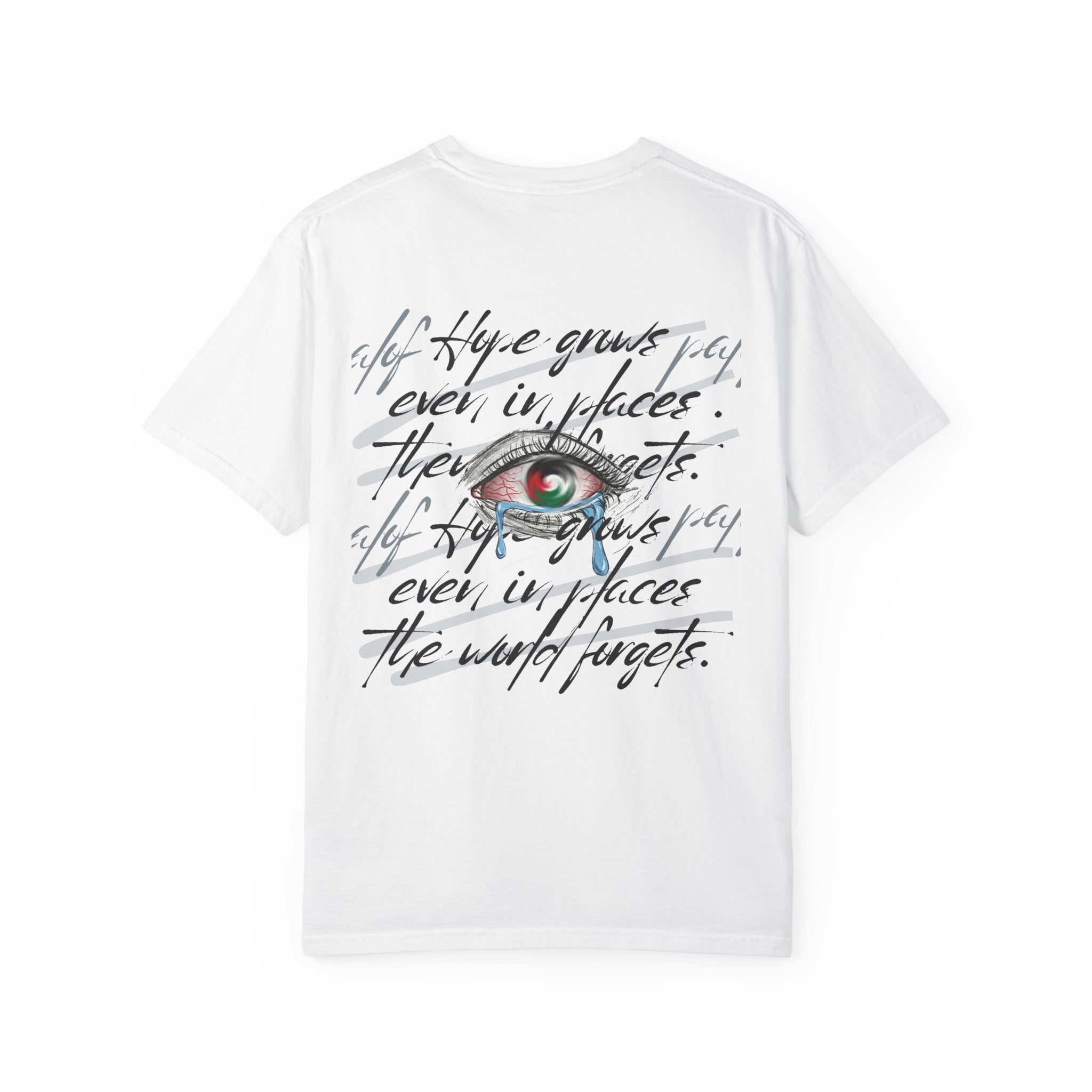 T-Shirt — Watercolor Eye Graphic with Script Back Print