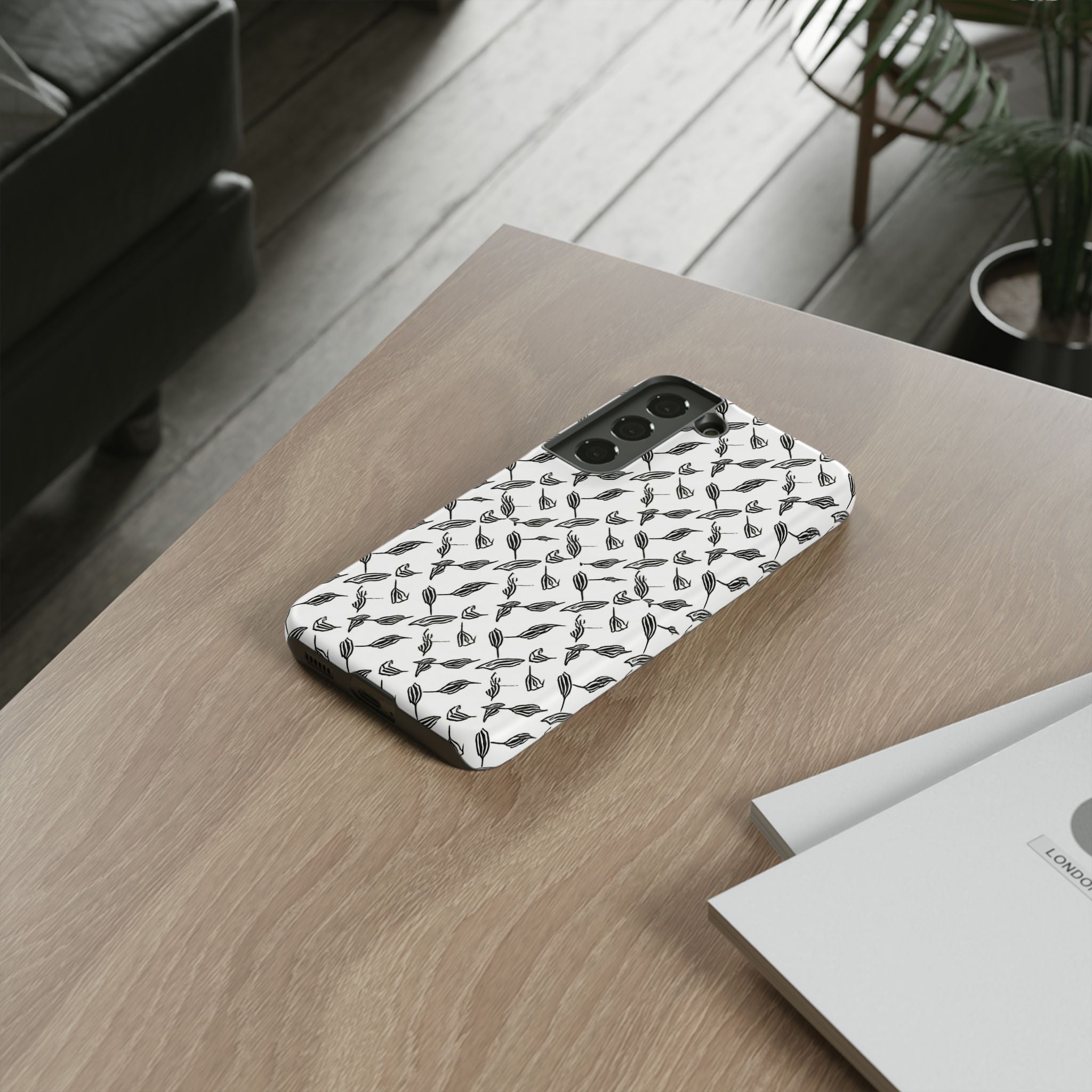 Hummingbird Kufiyah Pattern Tough Phone Case — Black & White Botanical Protective Cover