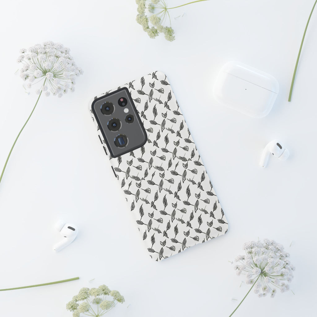 Hummingbird Kufiyah Pattern Tough Phone Case — Black & White Botanical Protective Cover