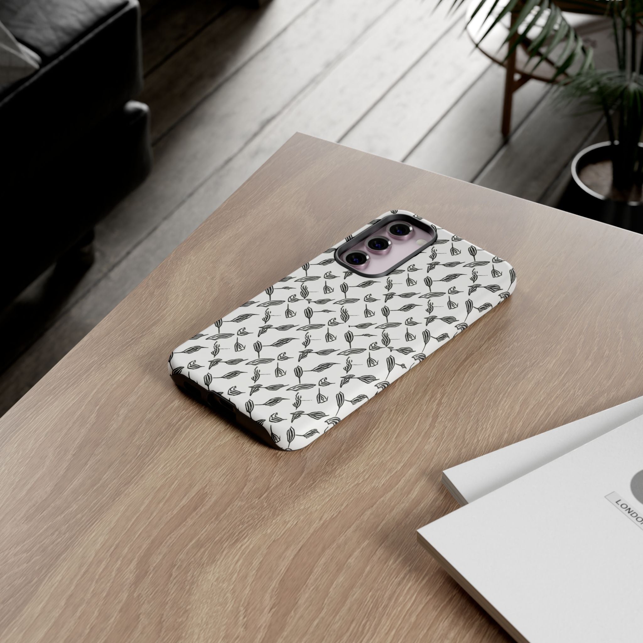 Hummingbird Kufiyah Pattern Tough Phone Case — Black & White Botanical Protective Cover