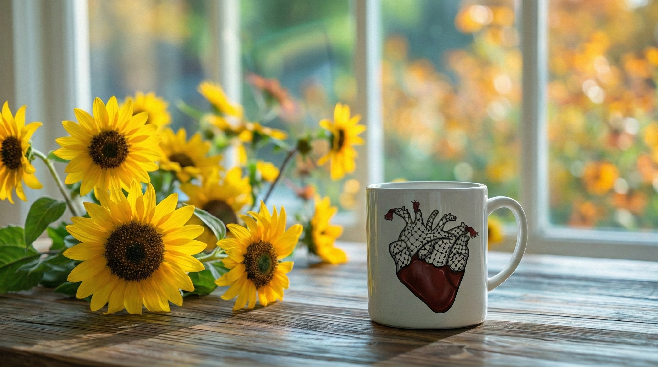 White mug with a heart design on a wooden table with sunflowers in front of a window.
